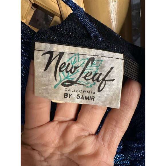 Vintage New Leaf semi sheer metallic dress By Samir Blue Pleated Gown XS - Picture 5 of 8